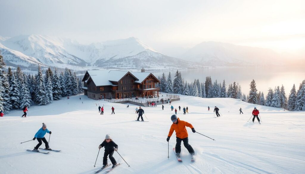 A picturesque winter wonderland at Lake Tahoe, California. In the foreground, people glide effortlessly on skis and snowboards, carving graceful turns through the pristine, powdery snow. The middle ground features a cozy alpine lodge, its warm lights beckoning weary skiers to rest and refuel. In the background, majestic snow-capped peaks rise majestically, their rugged beauty reflected in the still, crystalline waters of the lake. Soft, diffused natural light filters through the gently falling snow, creating a serene, magical atmosphere. The scene evokes the pure joy and enchantment of a Lake Tahoe winter, a true celebration of the season's splendor.