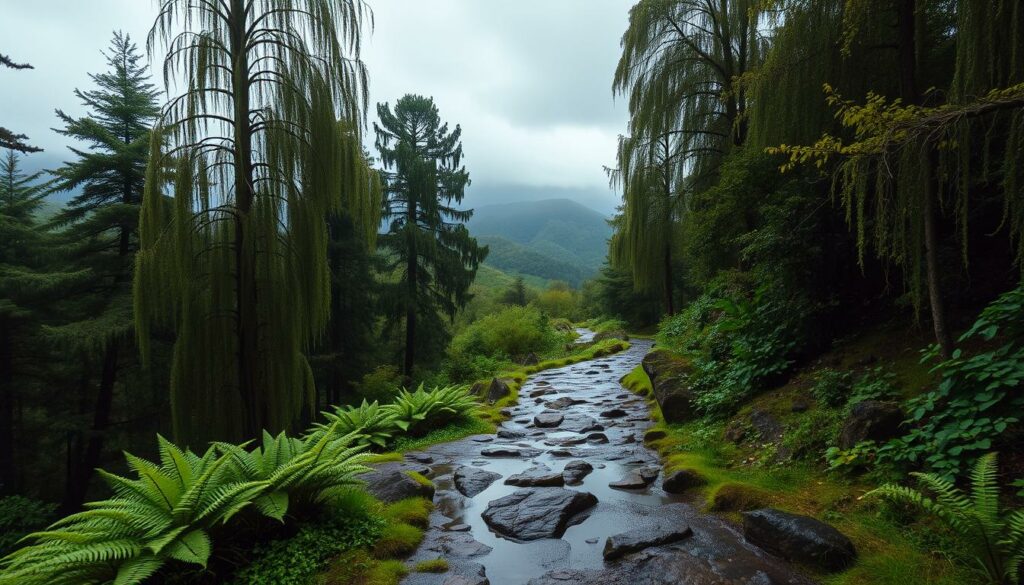 A rainy autumn landscape in Asturias, Spain. In the foreground, a lush green forest with tall, dripping trees and vibrant ferns. The middle ground features a winding, rocky path leading through the woods, dotted with puddles reflecting the cloudy sky. In the distance, rolling green hills are shrouded in a misty, atmospheric haze. The scene is lit by soft, diffused natural light filtering through the heavy, overcast clouds, creating a moody, serene ambiance. The overall atmosphere conveys the tranquil yet invigorating essence of the rainy season in this verdant, mountainous region.