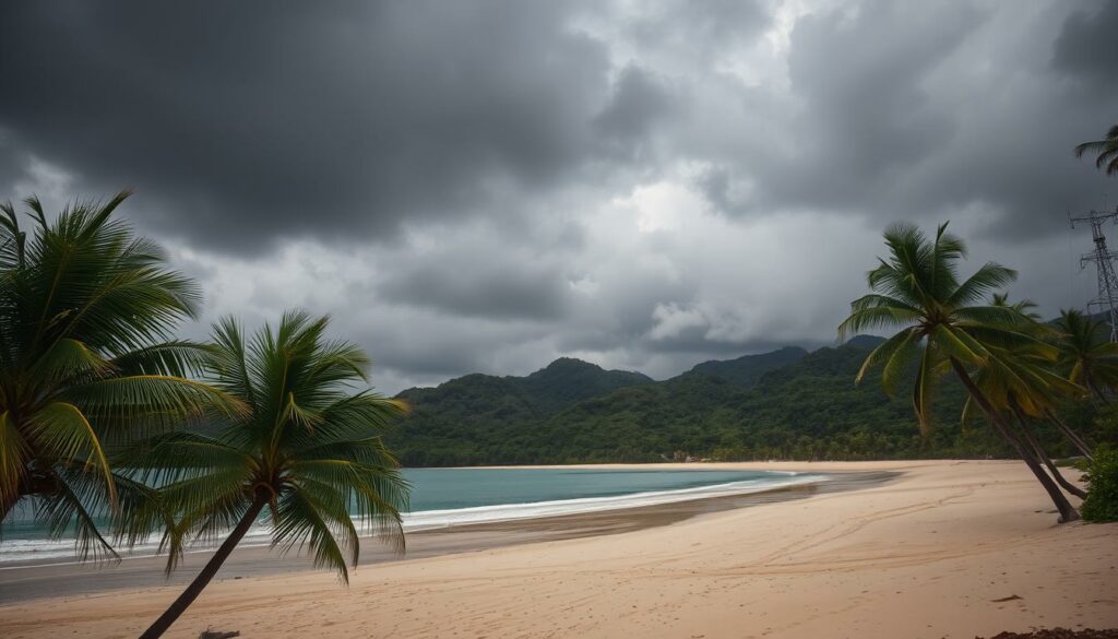 A rainy season landscape on the idyllic island of Boracay, Philippines. Dramatic dark clouds loom overhead, casting a moody, atmospheric light across the scene. In the foreground, palm trees sway gently in the wind, their fronds rustling. A wide, pristine beach stretches out, with fine, golden sand dampened by gentle waves lapping at the shore. In the distance, lush, verdant hills rise up, shrouded in a soft, hazy mist. The overall tone is one of tranquility and serenity, inviting the viewer to experience the beauty of Boracay during its rainy season.