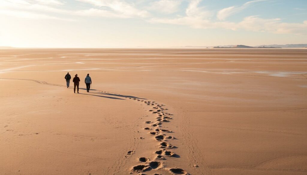 A scenic coastal landscape, the Wadden Sea (Wattenmeer) stretches out as far as the eye can see. In the foreground, a group of hikers traverse the vast, exposed mudflats, their steps leaving imprints in the nutrient-rich soil. The middle ground reveals the intricate patterns of tidal channels and sand banks, while the distant horizon is marked by the silhouettes of windswept dunes and a boundless sky. Soft, warm light filters through wispy clouds, casting a serene, golden glow over the tranquil scene. This immersive Wattwanderung, or mudflat hike, invites visitors to fully experience the unique ecology and captivating natural beauty of the Wadden Sea.