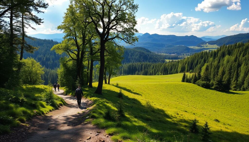 A scenic hiking trail winding through the lush, verdant forests of Nationalpark Eifel, the rugged hills and valleys of this unspoiled natural wonder. Sunlight filters through the canopy, casting a warm, golden glow on the weathered trail and the rolling meadows that flank it. In the distance, a glimpse of craggy peaks and dense woodland, hinting at the wild, untamed beauty that lies beyond. Hikers traversing the path, their figures small against the grandeur of the landscape, immersed in the tranquility and serenity of this outdoor paradise. An idyllic vision of nature's majesty, a true haven for those seeking adventure and respite from the modern world.