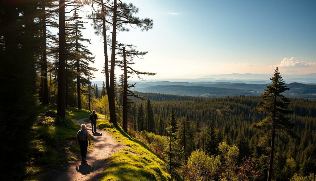 A scenic hiking trail winds through the verdant Thüringer Wald, a lush, ancient forest blanketing the gently rolling hills of Thuringia. Sunlight filters through the dense canopy of towering pines and deciduous trees, casting a warm, golden glow across the well-marked trail. In the foreground, a pair of hikers stroll along the path, taking in the serene natural beauty that surrounds them. The middle ground reveals a picturesque overlook, offering sweeping vistas of the forested landscape punctuated by the occasional granite outcrop. In the distance, the silhouettes of distant peaks emerge, hinting at the rugged wilderness that lies beyond. This idyllic scene evokes a sense of tranquility and the restorative power of communing with nature.