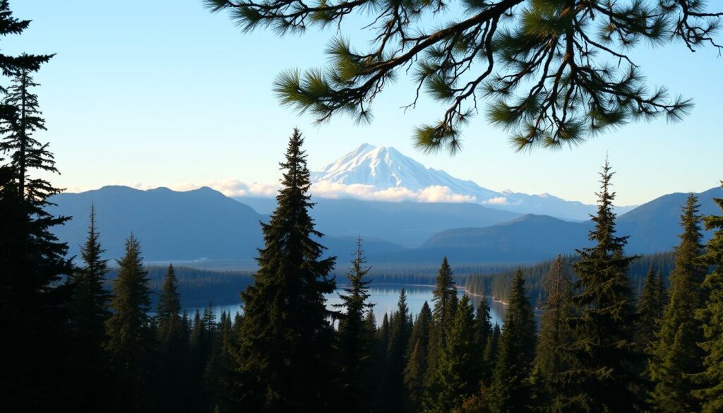 A scenic landscape of the Pacific Northwest, capturing the essence of Washington State. In the foreground, lush evergreen forests with towering fir and cedar trees, their branches reaching towards a clear, azure sky. In the middle ground, a majestic snow-capped mountain peak, its summit piercing the clouds, casting a serene reflection in a pristine alpine lake. The ambient lighting is soft and diffused, creating a warm, inviting atmosphere. The composition emphasizes the grandeur of the natural setting, with a sense of depth and scale that draws the viewer into the serene, peaceful scene. The overall mood is one of tranquility and awe, perfectly capturing the best time to visit this breathtaking region.