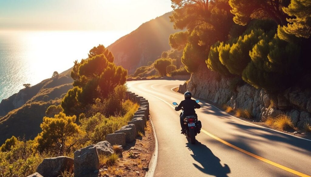 A scenic mountain road on the island of Corsica, winding through lush green forests and rocky cliffs, with the Mediterranean Sea glimmering in the distance. A lone motorcycle rider navigates the serpentine curves, bathed in warm, golden afternoon sunlight filtered through the canopy of trees. The rider's silhouette stands out against the vibrant landscape, capturing the thrill and freedom of a motorcycle tour on this enchanting island. The image conveys the essence of the best travel season for Corsican motorcycle adventures - a perfect balance of comfortable temperatures, minimal crowds, and breathtaking natural beauty.