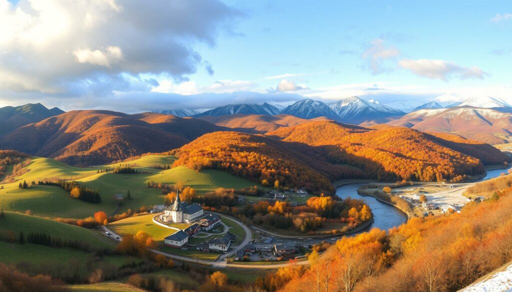 A scenic overview of the seasonal weather patterns in Georgia throughout the year. A panoramic landscape showcasing the diverse climate and terrain, from lush verdant valleys in spring to snow-capped peaks in winter. In the foreground, a tranquil village nestled amidst rolling hills, its traditional architecture basking in warm golden light. The middle ground features vibrant fall foliage and a gently flowing river. In the distance, towering mountains shrouded in dramatic storm clouds or blanketed in pristine white snow. The scene conveys the majesty and dynamism of Georgia's weather, inviting the viewer to explore the country's best travel seasons.