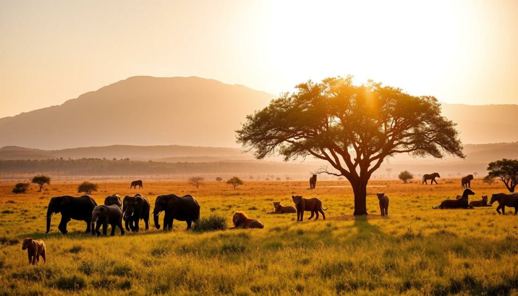 A scenic safari landscape in Tanzania, captured under the golden light of the African sun. In the foreground, a herd of majestic elephants leisurely grazes amidst the lush, rolling grasslands. In the middle ground, a pride of lions rests in the shade of an acacia tree, their tawny coats glistening. In the distance, the silhouettes of towering Mount Kilimanjaro and Ngorongoro Crater rise against a vibrant, cloudless sky. The scene exudes a sense of tranquility and timelessness, inviting the viewer to immerse themselves in the captivating beauty of the Tanzanian wilderness.