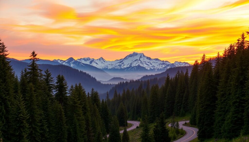 A scenic vista of the lush, verdant landscapes of Washington State, captured under the warm, golden glow of a sunset. In the foreground, a winding road snakes through towering evergreen forests, while in the middle ground, majestic snow-capped mountains rise up majestically, their peaks bathed in the soft, ethereal light. The background is filled with a vibrant, colorful sky, painted in shades of orange, pink, and purple, creating a serene and peaceful atmosphere. The image conveys a sense of tranquility and the beauty of the Pacific Northwest, perfectly capturing the ideal travel experience in this region.