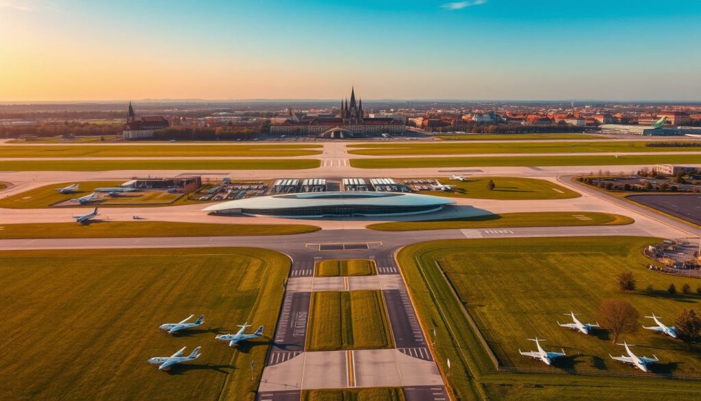 A serene aerial view of Dresden Airport, its modern terminal building nestled amidst lush green landscapes. Manicured runways stretch out, flanked by rows of private and commercial aircraft neatly parked. In the background, the picturesque city of Dresden rises, its historic architecture and landmarks silhouetted against a cloudless, azure sky. The scene is bathed in warm, golden light, conveying a sense of tranquility and possibility, inviting the viewer to explore the diverse travel destinations accessible from this vibrant regional hub.