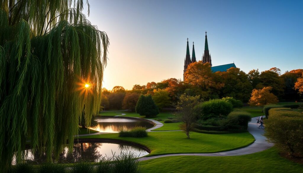 A serene and lush landscape of Köln's idyllic parks, bathed in the warm glow of a golden hour sunset. In the foreground, a picturesque pond reflects the swaying willow trees and verdant foliage surrounding it. Meandering pathways wind through the middle ground, inviting visitors to stroll and explore the tranquil gardens. In the distance, the iconic spires of Köln Cathedral rise majestically, framed by towering deciduous trees in vibrant autumnal hues. The overall scene exudes a sense of peaceful harmony, capturing the beauty and charm of Köln's cherished green spaces.