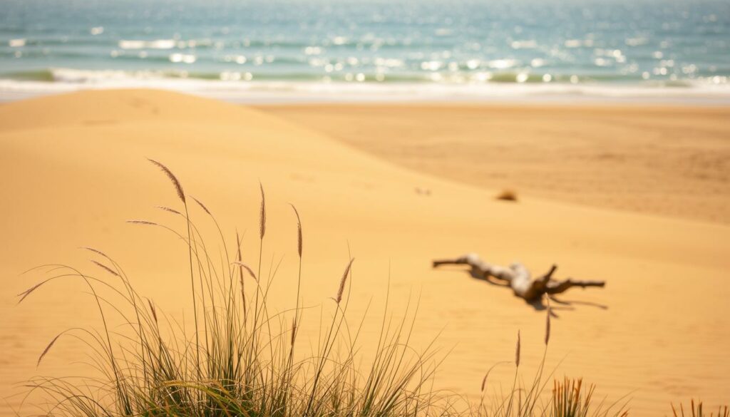 A serene beach landscape with a long, winding strand of sand stretching towards the horizon. The warm, golden sunlight gently illuminates the scene, casting soft shadows across the gently undulating dunes. In the foreground, delicate sea grasses sway in the cool ocean breeze, their wispy tendrils adding a sense of graceful movement. The middle ground features a few scattered pieces of driftwood, their weathered surfaces hinting at the ebb and flow of the tides. Beyond, the crystalline waters of the ocean glimmer and sparkle, inviting the viewer to imagine a relaxing day of swimming, sunbathing, and enjoying the tranquil atmosphere. The overall mood is one of peaceful contemplation, an idyllic setting perfect for planning a memorable beach vacation.