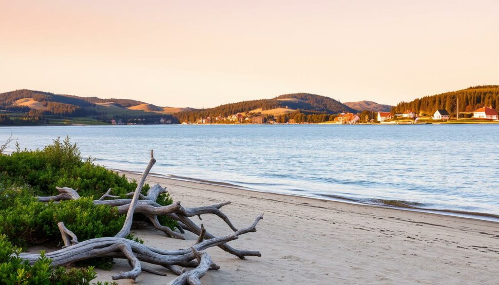 A serene coastal landscape on the idyllic island of Hiddensee. In the foreground, a picturesque sandy beach dotted with weathered driftwood and lush green vegetation. Beyond, a tranquil sea reflects the warm, golden tones of the setting sun, casting a soft, diffused light across the scene. In the middle ground, rolling hills covered in lush meadows and pine forests, their verdant hues contrasting with the cloudless, azure sky above. In the distance, the distinctive silhouettes of traditional German seaside architecture, their red-tiled roofs and white-washed walls mirrored in the still waters. An atmosphere of peaceful tranquility and natural beauty, capturing the essence of the Hiddensee climate and weather.
