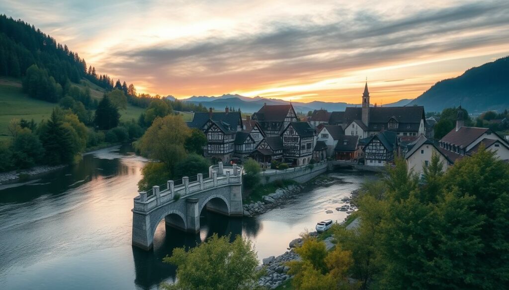 A serene landscape of picturesque German towns nestled between rolling hills and lush forests. In the foreground, a charming stone bridge arches over a tranquil river, its waters reflecting the warm glow of the setting sun. In the middle ground, a quaint village with half-timbered houses and cobblestone streets invites exploration. In the distance, the silhouettes of mountains rise against a vibrant sky, hinting at the untamed natural beauty that surrounds these Romantic destinations. Soft, diffused lighting bathes the scene in a warm, golden hue, creating an atmosphere of calm and timeless serenity, perfect for an unforgettable honeymoon getaway.