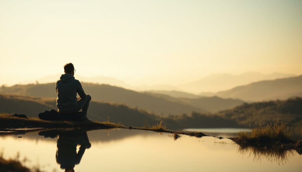 A serene landscape with a solitary traveler sitting in contemplation, surrounded by rolling hills and a tranquil lake. The scene is bathed in soft, golden light, creating a sense of introspection and personal growth. In the foreground, the traveler's silhouette is reflected in the still waters, symbolizing a moment of self-reflection. The middle ground features lush, verdant vegetation, suggesting a journey of personal discovery. The distant background showcases a range of mountains, hinting at the expansiveness of the traveler's exploration of the self. The composition is balanced and harmonious, evoking a sense of inner peace and self-discovery.