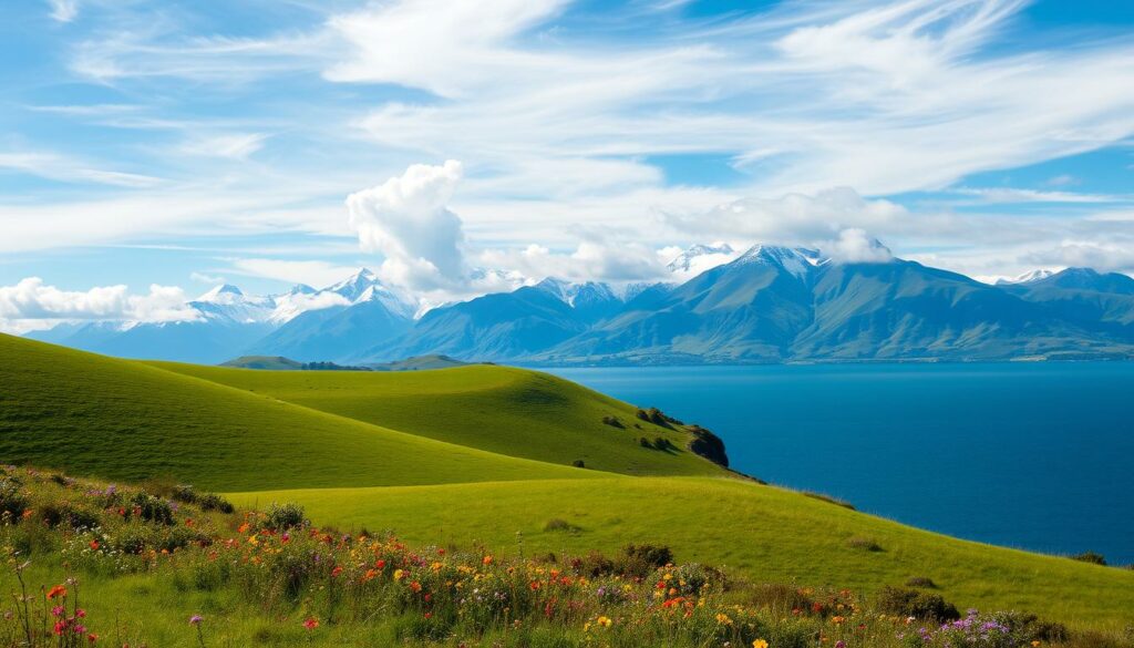 A serene, lush landscape of Tasmanien, the southern island state of Australia. In the foreground, rolling green hills dotted with vibrant wildflowers sway gently in a soft breeze. Towering, snow-capped mountains rise majestically in the middle ground, their peaks piercing through wispy, ethereal clouds. In the background, a deep blue, tranquil lake reflects the surrounding natural beauty, its calm waters mirroring the idyllic scene. The lighting is soft and diffused, creating a warm, inviting atmosphere. This temperate, maritime climate offers a picturesque escape from the harsh Australian mainland, showcasing the island's remarkable natural diversity.