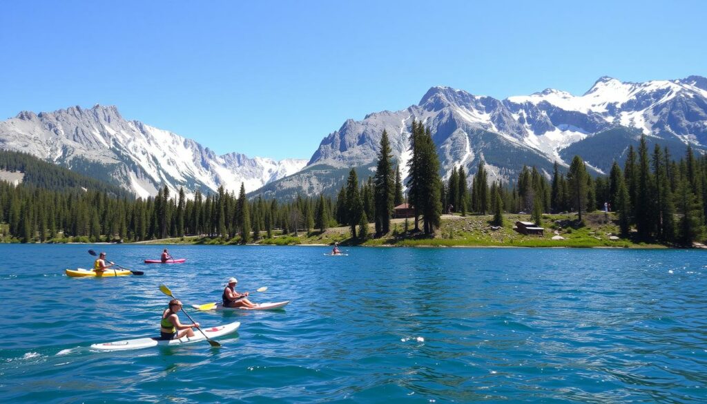 A serene summer day at Lake Tahoe in the Sierra Nevada mountains. In the foreground, people kayak and stand-up paddle across the crystal-clear, turquoise waters. In the middle ground, hikers traverse a lush, pine-forested trail along the shoreline. In the background, towering granite peaks rise majestically, their snow-capped summits glistening under a bright, warm sun. A gentle breeze ruffles the surface of the lake, creating a peaceful, reflective quality. The overall mood is one of tranquility, adventure, and immersion in the natural splendor of this alpine wonderland.