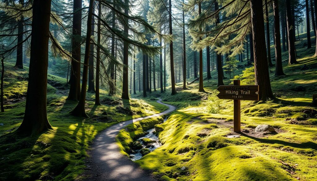 A serene, sun-dappled forest path winding through a lush, verdant Schwarzwald landscape. Towering fir trees frame the scene, their branches casting delicate shadows on the mossy ground below. A small, babbling creek cuts through the undergrowth, its gentle sound echoing in the tranquil air. In the distance, a weathered wooden sign points the way to an undiscovered hiking trail, beckoning the adventurous explorer. The overall mood is one of peaceful seclusion, a hidden gem that offers a welcome respite from the more crowded tourist hotspots. Shot with a wide-angle lens to capture the expansive, picturesque setting in all its glory.