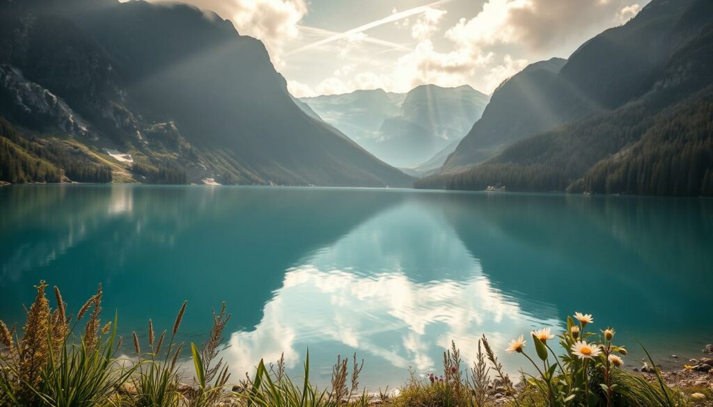 A serene, turquoise alpine lake nestled in the picturesque Allgäu region, surrounded by towering, snow-capped peaks. The calm, glassy surface reflects the rugged, forested slopes and dramatic rocky outcroppings that frame the scene. Warm, diffused sunlight filters through wispy clouds, casting a soft, ethereal glow over the tranquil waters. In the foreground, lush green vegetation and wildflowers adorn the lake's edge, inviting the viewer to step into this idyllic, untouched natural wonder. The overall composition has a sense of balance and harmony, capturing the majestic beauty and serene ambiance of this breathtaking Allgäu landscape.