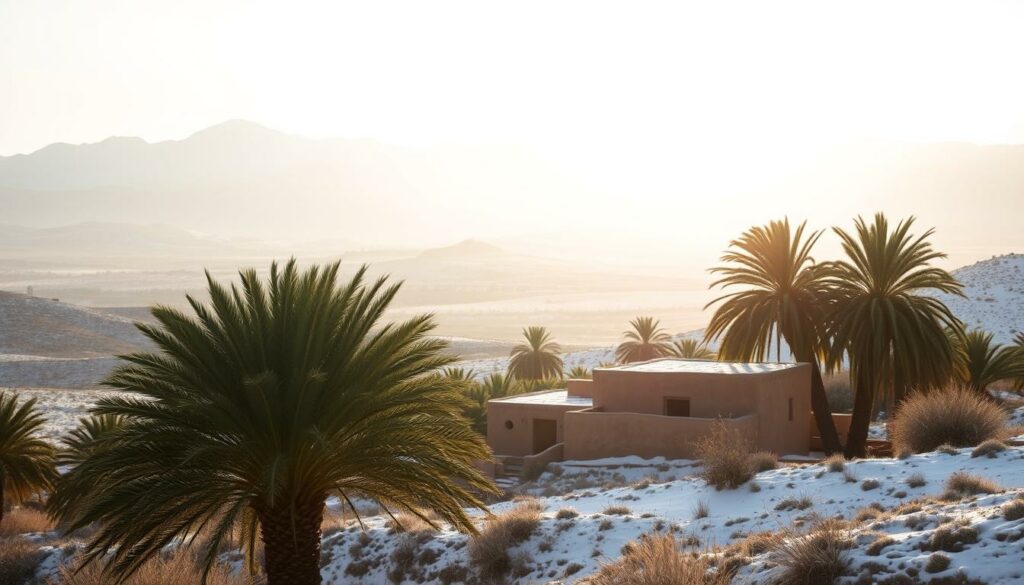 A snow-dusted landscape in Tunesien, the sun's warm glow casting a golden hue over the rolling hills. In the foreground, a traditional Tunisian mud-brick dwelling nestled amidst lush date palms, their fronds gently swaying in the crisp winter breeze. Farther in the distance, the majestic Atlas Mountains rise, their peaks capped with a delicate layer of pristine white snow. The scene is bathed in a soft, diffused light, creating a serene and tranquil atmosphere. The overall mood conveys the quiet beauty and serenity of Tunesien during the winter months, inviting the viewer to experience the country's unique charm and hospitality.