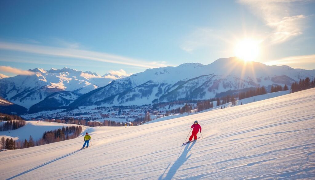 A snowy, picturesque winter landscape in the Allgäu region of Germany, with skiers gliding down a gentle slope under a clear, blue sky. In the foreground, a group of skiers in colorful winter gear carve through the pristine, powdery snow, their movements graceful and fluid. In the middle ground, snow-capped peaks rise majestically, their rugged beauty accentuated by the warm, golden light cast by the sun peeking through wispy clouds. In the background, a quaint, alpine village nestled among the mountains, its charming chalets and hotels blanketed in a pristine layer of white. The scene exudes a sense of tranquility, adventure, and the pure, untamed beauty of the Allgäu winter wonderland.