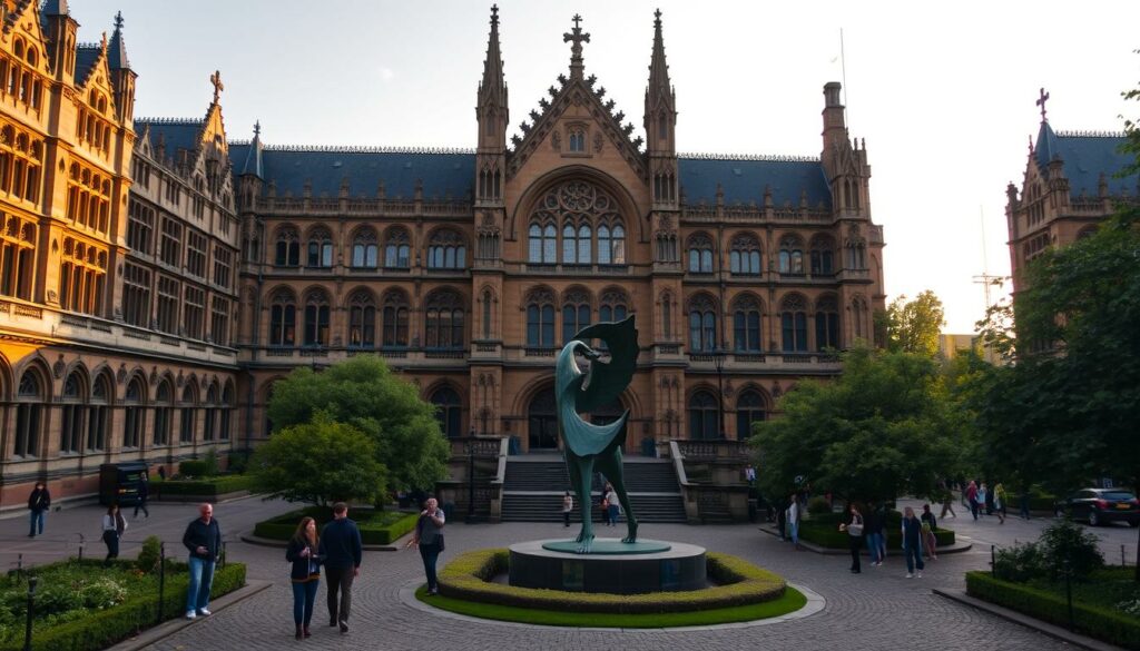 A sprawling, awe-inspiring Manchester Museum, its grand neo-Gothic facade bathed in warm, golden light. The building's intricate architecture and towering spires command attention, drawing the eye upwards. In the foreground, a tranquil courtyard showcases a striking sculpture, surrounded by lush, verdant greenery. Visitors stroll along the cobblestone paths, captivated by the museum's scholarly atmosphere and the promise of captivating research projects and educational exhibits within. The scene conveys a sense of intellectual curiosity, a celebration of knowledge, and a deep respect for the institution's role in the vibrant cultural landscape of Manchester.