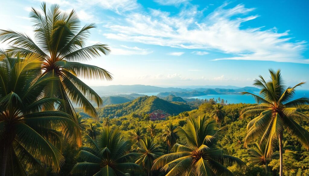 A sprawling tropical landscape, the lush island of Langkawi set against a backdrop of azure skies and turquoise waters. In the foreground, verdant palm trees sway gently, their fronds casting dappled shadows on the sun-kissed terrain. In the middle ground, undulating hills dotted with traditional Malaysian architecture peek through the dense foliage, offering a glimpse of the island's unique character. The scene is bathed in warm, golden light, evoking a sense of tranquility and natural harmony. Overhead, wispy cirrus clouds drift lazily, hinting at the temperate climate that distinguishes Langkawi from other regions of Malaysia. This idyllic setting invites the viewer to imagine the pleasures of exploring this tropical paradise.