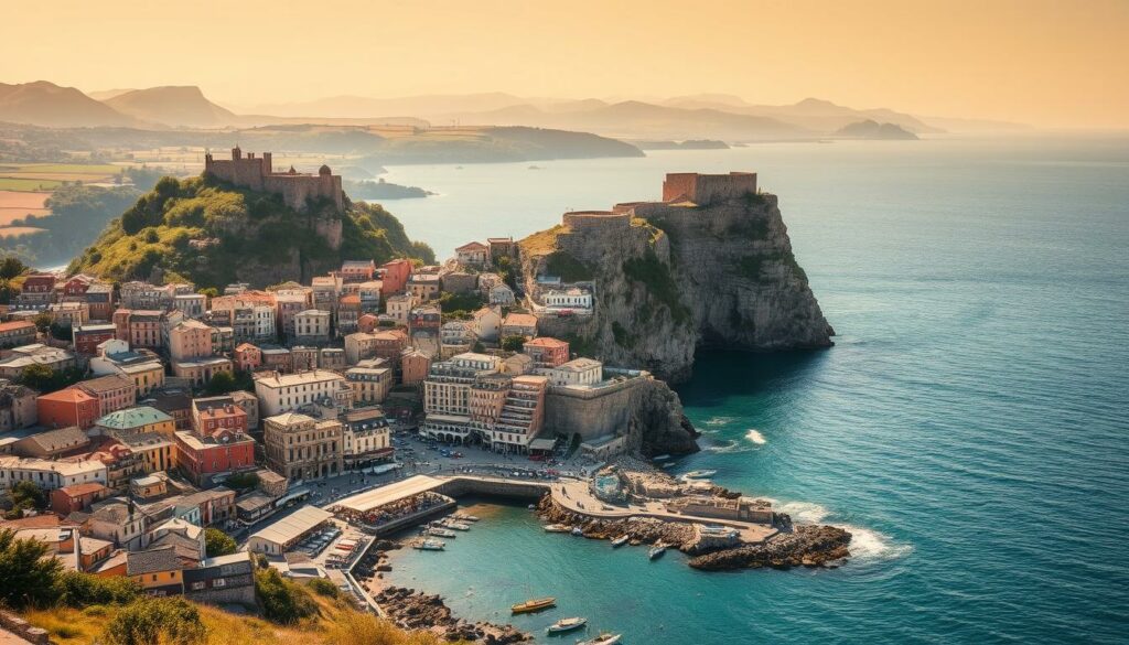 A stunning coastal landscape with picturesque European seaside towns nestled along a rugged, windswept shoreline. In the foreground, charming fishing villages with colorful houses, bustling harbors, and quaint cafes spill down to the glistening turquoise waters. The middle ground features dramatic cliffs and rocky outcroppings, dotted with ancient castles and medieval fortresses. In the distance, the horizon is framed by rolling hills and lush, verdant landscapes, bathed in warm, golden sunlight and a soft, hazy atmosphere. The scene conveys a sense of timeless beauty, history, and the allure of coastal European travel destinations.