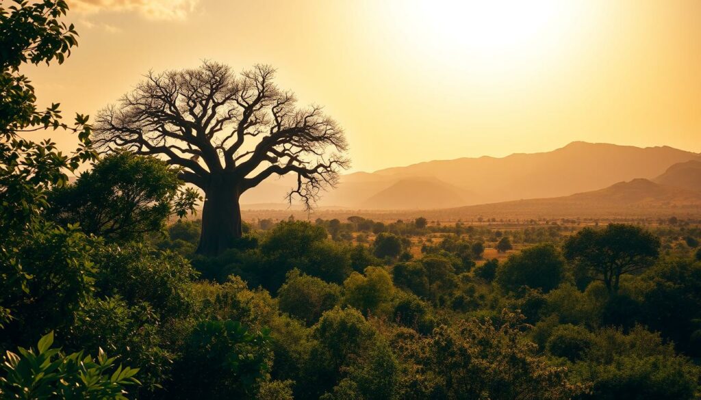 A stunning landscape capturing the diverse climate of Tanzania. In the foreground, lush, verdant vegetation flourishes, hinting at the tropical, humid conditions. The middle ground features a majestic baobab tree, its twisted, sculptural trunk silhouetted against a vibrant, cloudless sky. In the distance, rugged, sun-drenched hills rise, suggesting the arid regions that characterize much of the country. Warm, golden light filters through, creating a serene, timeless atmosphere that evokes the beauty and variety of Tanzania's climate. Captured through a wide-angle lens, the scene conveys a sense of expansive, unspoiled natural wonder.