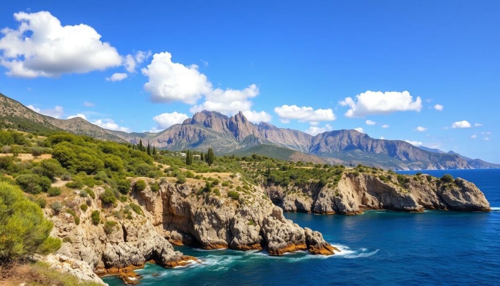 A stunning landscape of Corsica's rugged coastline, bathed in warm Mediterranean light. In the foreground, dramatic cliffs and rocky outcroppings jut dramatically into the azure sea. Puffy white clouds drift lazily across a brilliant blue sky, hinting at the pleasant weather. The mid-ground features lush, verdant vegetation - olive groves, cypress trees, and fragrant macchia shrubs. The background showcases Corsica's majestic mountainous interior, with its jagged granite peaks piercing the horizon. The overall scene evokes the picturesque island's inviting climate, ideal for adventurous motorcycle tours along its winding coastal roads.