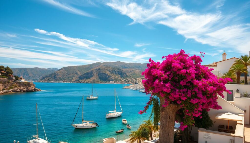 A sun-dappled Mediterranean scene with a picturesque seaside village nestled between rolling hills. In the foreground, a quaint harbor with bobbing sailboats and fishermen's cottages. Vibrant bougainvillea cascades down whitewashed walls, casting warm shadows. Further back, a promenade lined with palm trees and inviting outdoor cafes. The sky is a serene azure, with wispy cirrus clouds drifting overhead. A gentle breeze ruffles the azure waters, hinting at mild, temperate weather. The overall atmosphere is one of tranquility, relaxation, and the promise of a leisurely, sun-soaked holiday.