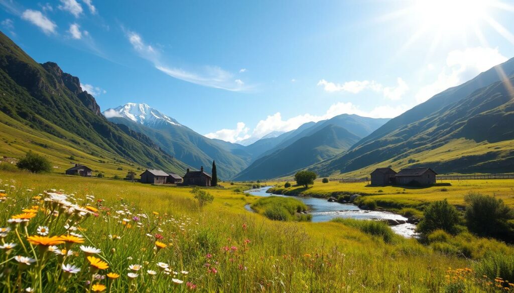 A sun-dappled countryside in Asturias, Spain, during the vibrant summer months. In the foreground, a lush meadow of wildflowers sways gently in a warm breeze. Towering green mountains rise in the middle distance, their peaks capped with snow. A tranquil stream meanders through the landscape, its crystalline waters reflecting the azure sky above. Sunlight filters through wispy clouds, casting a golden glow over the rolling hills and ancient stone farmhouses dotting the scene. The atmosphere is one of serene beauty, inviting the viewer to immerse themselves in the peaceful splendor of an Asturian summer.