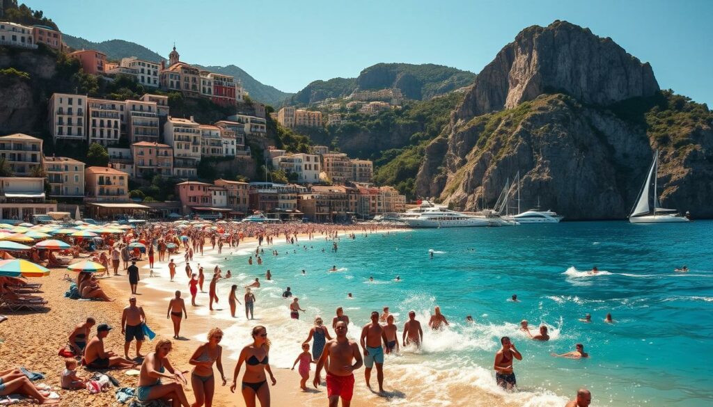 A sun-drenched Amalfi Coast landscape, azure waters lapping the golden sands as sun-kissed beachgoers bask in the warmth. Colorful umbrellas dot the crowded shores, while cascading cliffs rise imposingly in the background, their pastel villas gleaming under the Mediterranean sun. Sailboats and yachts dot the horizon, a gentle breeze ruffling their sails. In the foreground, groups of friends and families splash and play in the inviting surf, their laughter and chatter filling the air with a palpable sense of summer joy. Warm, hazy light bathes the entire scene, evoking the languid, carefree atmosphere of the Amalfi Coast in its peak season.