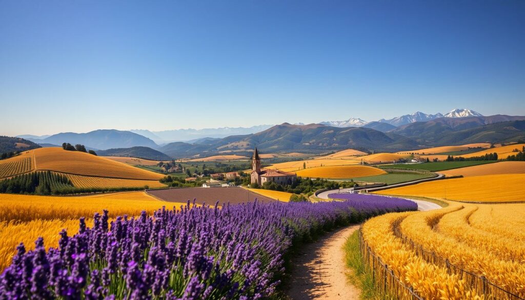A sun-drenched landscape in southern France, with rolling hills, vineyards, and quaint villages nestled among them. In the foreground, a winding country road leads through a field of vibrant lavender, their purple hues contrasting against the golden hues of the surrounding wheat fields. In the middle ground, a small stone village with terracotta roofs and a church steeple peeks out from the lush greenery. In the background, the majestic peaks of the Alps rise up, their snow-capped summits glistening in the warm, golden light of the Mediterranean sun. The scene exudes a sense of tranquility and timelessness, capturing the essence of Provence and the perfect time to visit this enchanting region.