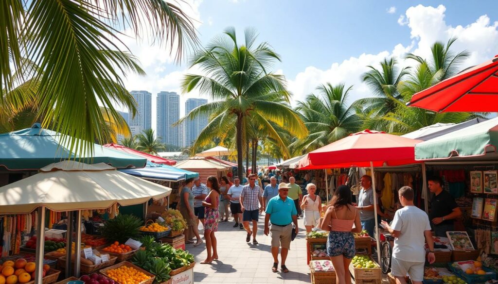 A sun-drenched outdoor market in the heart of Miami, bustling with seasonal vendors and eager tourists browsing an array of vibrant tropical wares. Colorful umbrellas and canopies cast gentle shadows over the bustling scene, with palm trees swaying in the warm breeze. In the foreground, a display of fresh local produce and handcrafted souvenirs invites passersby to explore the diverse offerings. The middle ground showcases lively interactions between merchants and patrons, capturing the rhythm and energy of this quintessential Miami experience. In the background, the iconic skyline of downtown Miami rises, hinting at the city's magnetic allure. The overall atmosphere conveys the dynamic interplay of tourist activity and local flair that defines Miami's seasonal tourism cycles.