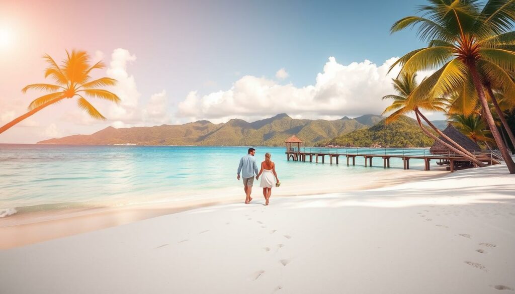 A sun-drenched tropical beach with swaying palm trees and clear turquoise waters lapping at the pristine white sand. In the foreground, a couple strolls hand-in-hand, their feet leaving imprints in the soft, powdery sand. The middle ground features a picturesque wooden jetty stretching out into the tranquil sea, inviting the newlyweds to take in the serene vista. In the background, lush green hills rise up, creating a breathtaking natural backdrop. Warm, golden light filters through fluffy clouds, casting a romantic glow over the entire scene. A dreamlike, idyllic setting perfect for a honeymoon getaway.