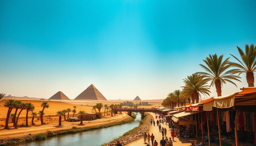 A sweeping desert landscape under a brilliant azure sky, the iconic silhouettes of the Giza pyramids rise majestically in the distance. In the foreground, a serene Nile river winds its way, its banks dotted with graceful palm trees swaying in the gentle breeze. Midground, a bustling open-air market comes to life, colorful fabrics and spices creating a vibrant tapestry. Warm, golden light filters through, casting a dreamlike glow over the scene. The overall mood is one of timeless wonder and cultural richness, evoking the ancient allure of Egypt during its prime travel season.