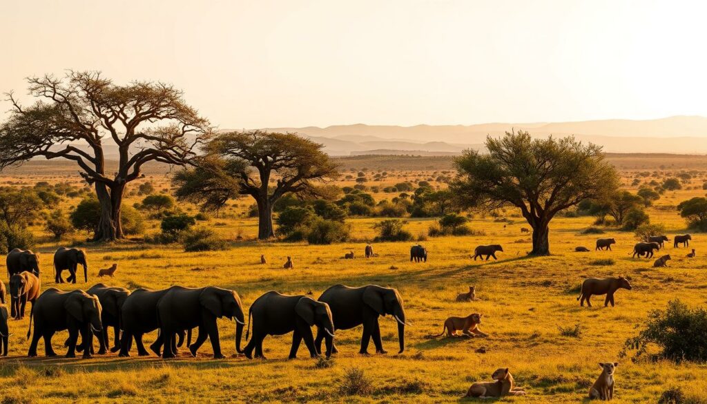 A sweeping vista of the South African savanna, bathed in warm, golden light. In the foreground, a majestic herd of elephants grazes leisurely, their trunks swaying in the gentle breeze. Towering acacia trees dot the lush, verdant landscape, casting long shadows across the plains. In the middle ground, a pride of lions lounges under the shade, their amber eyes scanning the horizon for prey. In the distance, rolling hills and a cloudless sky create a serene, picturesque backdrop, perfectly capturing the essence of a Safari adventure. Crisp, high-resolution details, natural textures, and a sense of depth and scale immerse the viewer in the heart of this magnificent African wilderness.