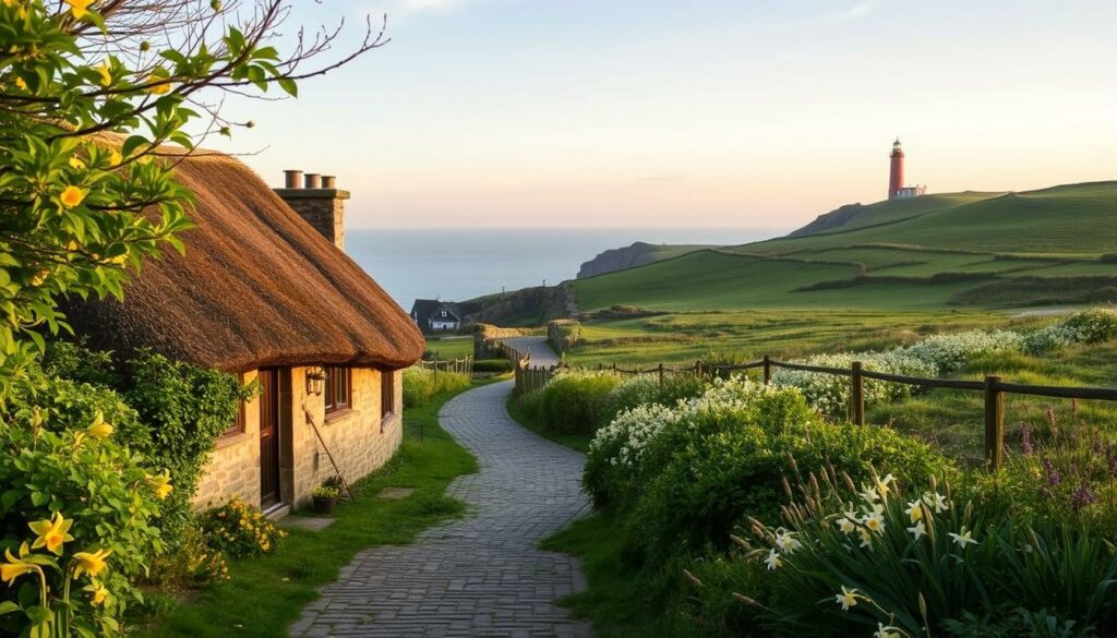 A tranquil countryside scene showcasing the picturesque accommodations available to hikers in Cornwall. In the foreground, a charming stone cottage with a thatched roof nestled amidst lush greenery. A cobblestone path winds through the middle ground, leading past rolling hills peppered with daffodils and wildflowers. In the distant background, the rugged coastline comes into view, with the striking silhouette of a historic lighthouse standing tall against the soft, golden-hour sky. The overall atmosphere is one of rustic elegance, inviting the viewer to imagine a serene retreat after a day of invigorating exploration through Cornwall's scenic landscapes.