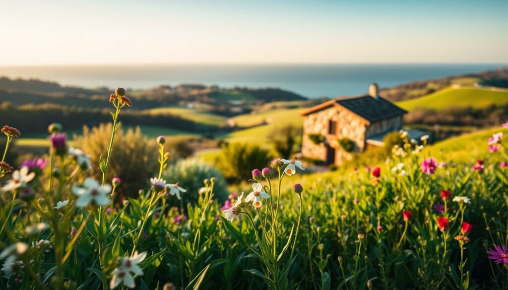 A tranquil springtime scene in southern France, captured under the warm golden glow of the afternoon sun. Lush greenery and vibrant blooms adorn the foreground, with rolling hills and a distant azure horizon filling the middle and background. Delicate wildflowers sway gently in a soft breeze, their petals bathed in a soft, diffused light. A picturesque stone building nestled amid the verdant landscape, its rustic charm complementing the serene ambiance. The overall atmosphere exudes a sense of peacefulness and natural beauty, perfectly encapsulating the essence of springtime in this idyllic region of France.