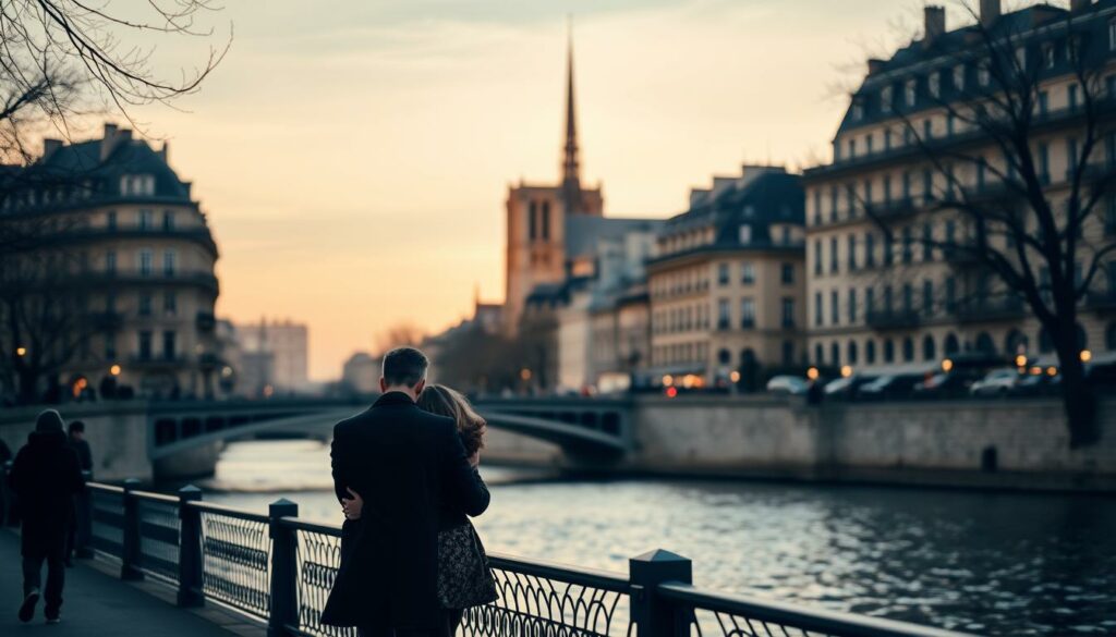 A tranquil stroll along the banks of the Seine in Paris, as the soft light of dusk reflects off the gentle waters. In the foreground, a couple embraces, lost in each other's company, their silhouettes framed by the iconic iron arches of the Pont des Arts bridge. The middle ground is filled with the stately facades of historical buildings, their warm limestone hues glowing in the fading daylight. In the distance, the iconic spire of Notre-Dame Cathedral rises, a timeless symbol of the city's romance and charm. A soft, ambient lighting creates a serene, dreamy atmosphere, inviting the viewer to imagine themselves in this most romantic of Parisian settings.