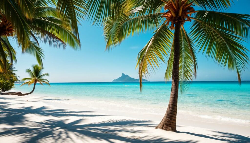 A tropical beach scene with swaying palm trees casting dappled shadows on the fine white sand. In the foreground, a crystal-clear turquoise ocean gently laps at the shore. Across the middle ground, lush green palm fronds sway in a light breeze, their fronds reflecting the brilliant azure sky above. In the distance, a picturesque island silhouette peeks out from the horizon, shrouded in a soft haze. The overall mood is one of tranquility and relaxation, inviting the viewer to imagine themselves unwinding in this paradise setting.