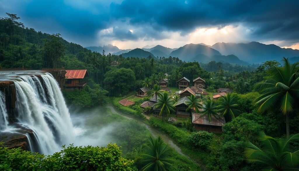 A tropical rainstorm sweeps across the lush, verdant landscape of Langkawi during the vibrant monsoon season. In the foreground, cascading waterfalls tumble over weathered cliffs, their mist-shrouded streams cutting through the dense, jungle-like foliage. The middle ground reveals a picturesque village, its traditional wooden houses and swaying palm trees partially obscured by the heavy downpour. In the distance, the mountainous silhouettes of the island's interior rise up, cloaked in a moody, atmospheric haze. The lighting is dramatic, with rays of sunlight piercing through the storm clouds, casting a warm, golden glow over the scene. The overall mood is one of dynamic and vibrant energy, capturing the essence of Langkawi during its annual rainy season.