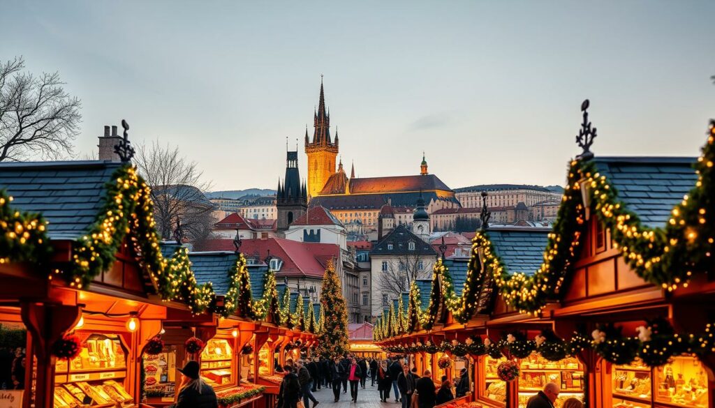 A vibrant Christmas market in the historic heart of Prague, the Weihnachtsmarkt Prag. In the foreground, a bustling array of traditional wooden stalls, their facades adorned with festive garlands and twinkling lights, offer an enticing display of local Czech delicacies and artisanal crafts. The scent of mulled wine, roasted chestnuts, and freshly baked gingerbread wafts through the crisp air, inviting visitors to indulge in the flavors of the season. In the middle ground, the iconic spires and domes of Prague's architectural marvels, such as the iconic Charles Bridge and the majestic Prague Castle, rise majestically against a backdrop of a clear, starry sky. The scene is bathed in a warm, golden glow, creating a cozy and enchanting atmosphere that captures the essence of the Weihnachtsmarkt Prag's culinary specialties.