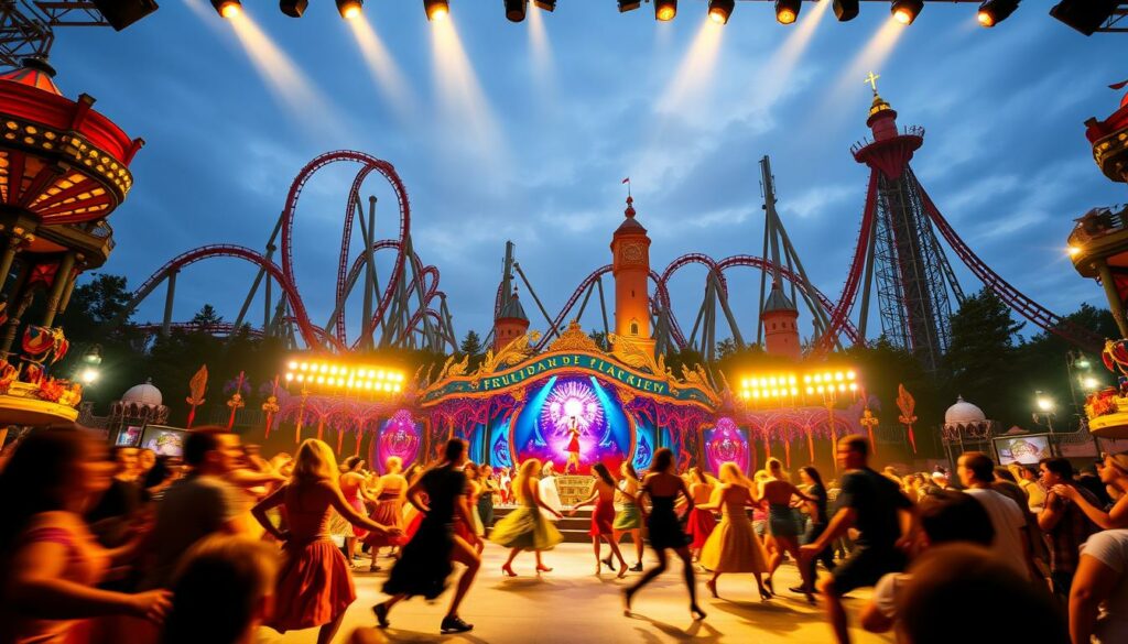 A vibrant and energetic scene of Europa-Park's renowned shows and entertainment experiences. At the forefront, performers in colorful costumes captivate the audience with lively dance routines and acrobatic feats, their movements captured in a blur of motion. In the middle ground, the grand stage is adorned with intricate set pieces and lighting, creating an immersive theatrical atmosphere. Towering roller coasters and iconic park landmarks loom in the background, hinting at the thrill and adventure that awaits beyond the performance. The scene is bathed in warm, golden lighting, conveying a sense of joy and celebration, perfectly suited for the "Shows and Entertainment" section of the Europa-Park article.