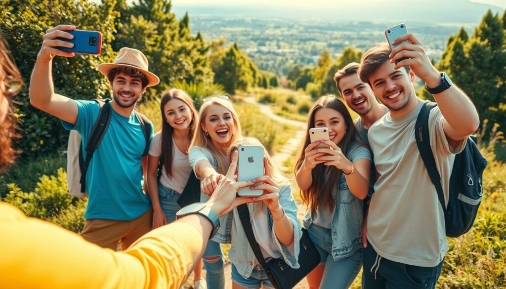 A vibrant, candid outdoor scene of a group of energetic teenagers engaged in a lively "Foto-Challenge" during their summer vacation. The foreground shows the teens posing and taking pictures of each other using their smartphones, their expressions filled with enthusiasm and a sense of adventure. The middle ground features a picturesque natural setting, with lush greenery, a sun-dappled path, and a scenic vista in the background. The overall lighting is warm and inviting, casting a golden glow that enhances the carefree, youthful atmosphere. The composition captures the dynamic energy and spirit of the activity, conveying the excitement and joy of the "Foto-Challenge" experience.