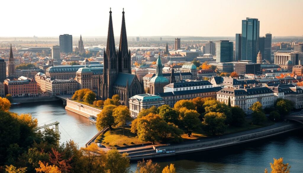 A vibrant cityscape of Cologne, Germany, showcasing the city's iconic landmarks through the changing seasons. In the foreground, the majestic Cologne Cathedral stands tall, its Gothic spires reaching towards the sky. The middle ground features the picturesque Rhine River, its waters reflecting the city's architecture and the lush foliage along its banks. In the background, the historic buildings and modern skyscrapers of the city create a harmonious blend of old and new. The scene is bathed in warm, golden light, capturing the city's charm and vitality. The image conveys the beauty and allure of Cologne throughout the year, inviting the viewer to explore its wonders in any season.