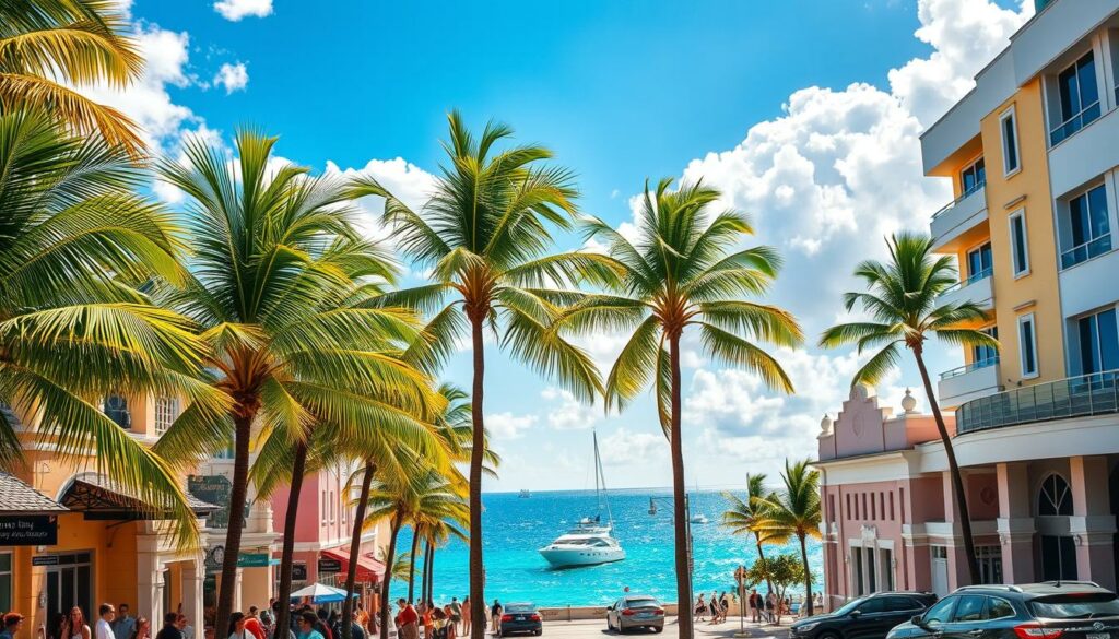 A vibrant cityscape of Miami on a sun-drenched summer day. In the foreground, palm trees sway gently, their fronds casting playful shadows on the bustling sidewalks below. Colorful art deco buildings line the streets, their pastel facades reflecting the warm, golden light. In the middle ground, people stroll along the iconic Ocean Drive, enjoying the lively atmosphere and stopping to admire the sleek, vintage cars parked along the curb. In the distance, the sparkling azure waters of the Atlantic Ocean stretch out to the horizon, dotted with yachts and sailboats. The sky is a brilliant shade of blue, peppered with fluffy white clouds. The overall scene exudes a palpable sense of relaxation, leisure, and the quintessential Miami summer vibe.