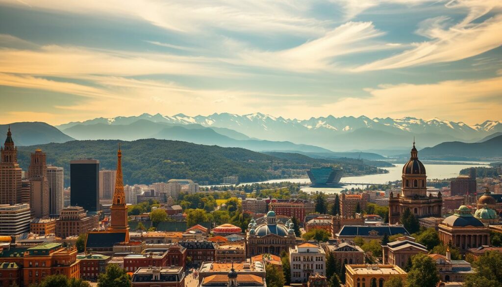 A vibrant cityscape with iconic landmarks set against a picturesque natural landscape. In the foreground, a bustling metropolis with towering skyscrapers, cobblestone streets, and lively street scenes. In the middle ground, lush rolling hills, verdant forests, and a serene lake or river. In the background, majestic snow-capped peaks reaching towards the sky. Warm, golden sunlight filters through wispy clouds, casting a peaceful glow over the entire scene. The overall atmosphere is one of harmony between the energy of the city and the tranquility of the great outdoors, inviting the viewer to explore the best of both worlds.