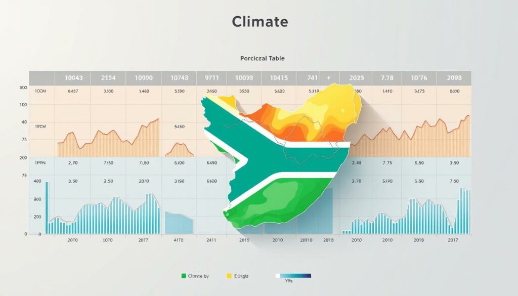 A vibrant climate table showcasing the seasonal variations in temperature and precipitation across South Africa. Rendered in a clean, minimalist style with precise graphs and charts, highlighting the distinct climatic zones and weather patterns. The layout is balanced and symmetrical, with a cool, muted color palette to convey a sense of scientific objectivity. Subtle shadows and highlights add depth and dimensionality, creating a visually engaging and informative data visualization. The overall impression is one of clarity, accuracy, and attention to detail, perfectly suited to illustrate the climatic information for this article section.