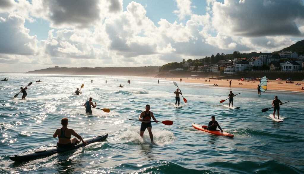 A vibrant coastal scene on the North Sea, showcasing the thrilling world of water sports. In the foreground, people engage in various activities - kayaking, stand-up paddleboarding, and windsurfing, their silhouettes dancing across the glistening waves. The middle ground features a sandy beach dotted with beach umbrellas and sunbathers, while in the background, a quaint seaside village with charming architecture nestles along the shoreline. Dramatic clouds cast dynamic shadows over the landscape, creating a sense of movement and energy. The scene is bathed in warm, golden light, evoking the essence of an active, sun-drenched Nordsee holiday.