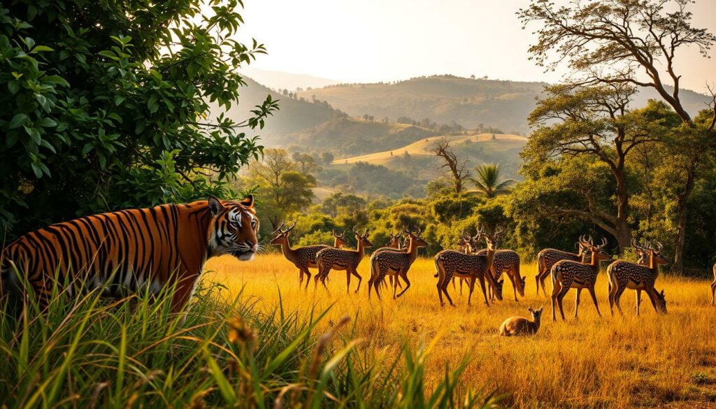 A vibrant safari scene in an Indian national park, captured with a wide-angle lens. In the foreground, a majestic Bengal tiger emerges from the lush, verdant foliage, its powerful muscles rippling beneath its striped coat. In the middle ground, a herd of spotted deer graze peacefully, their watchful eyes scanning the surroundings. In the distance, rolling hills and dense forests create a picturesque backdrop, bathed in the warm, golden light of the afternoon sun. The air is filled with the calls of exotic birds, and the overall atmosphere exudes a sense of untamed wilderness and natural wonder.